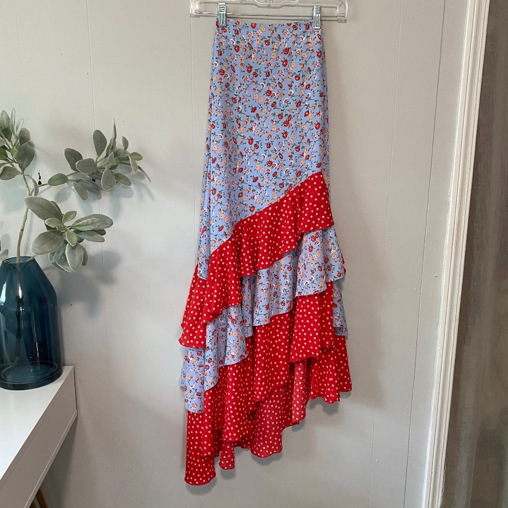 NY&Co Asymmetrical Floral and Polka Dot Tiered Maxi Skirt